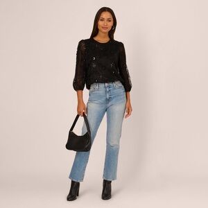 NWT Adrianna Papell Three Quarter Sleeve Sequin Bead Top In Black Size Medium